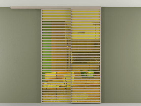 Алюминевая перегородка АЛПР 040.07_АБСК_ПРОЗ ЖЕЛ_new. Цвет Алюминий бисквитный. Материал Алюминий в эмали. Коллекция Перегородка Formato вдоль стены на потолок 2 створки с синхронным механизмом. Картинка.