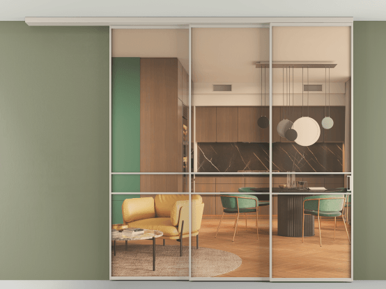 Алюминевая перегородка АЛПР 040.02_АСБЖ_ПРОЗ ОРАНЖ_new. Цвет Алюминий светло-бежевый. Материал Алюминий в эмали. Коллекция Перегородка Formato вдоль стены на потолок 3 створки с синхронным механизмом. Картинка.