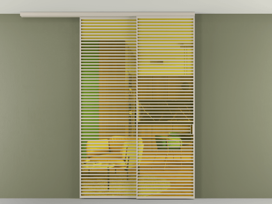 Алюминевая перегородка АЛПР 040.07_АСБЖ_ПРОЗ ЖЕЛ_new. Цвет Алюминий светло-бежевый. Материал Алюминий в эмали. Коллекция Перегородка Formato вдоль стены на потолок 2 створки с синхронным механизмом. Картинка.