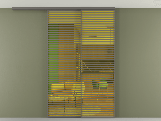 Алюминевая перегородка АЛПР 040.07_АКЛС_ПРОЗ ЖЕЛ_new. Цвет Алюминий классический серый. Материал Алюминий в эмали. Коллекция Перегородка Formato вдоль стены на потолок 2 створки с синхронным механизмом. Картинка.