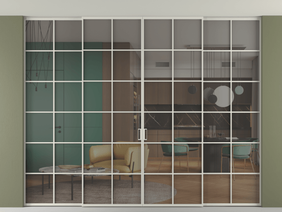 Алюминевая перегородка vn2+2_05 Алюминий тёплый серый Серый прозрачное. Цвет Алюминий тёплый серый. Материал Алюминий в эмали. Коллекция Перегородка Формато внутри проёма скрытое крепление в потолок 4 створки. Картинка.