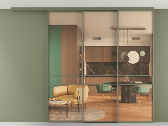 Алюминевая перегородка АЛПР 040.02_АОТ_ПРОЗ ОРАНЖ_new. Цвет Алюминий оливковый тёмный. Материал Алюминий в эмали. Коллекция Перегородка Formato вдоль стены на потолок 3 створки с синхронным механизмом. Картинка.