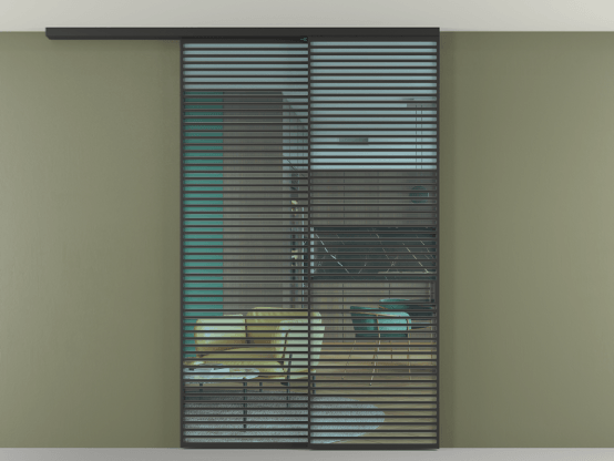 Алюминевая перегородка АЛПР 040.07_ЧРН_ПРОЗ ГОЛ_new. Цвет Алюминий Черный. Материал Алюминий. Коллекция Перегородка Formato вдоль стены на потолок 2 створки с синхронным механизмом. Картинка.